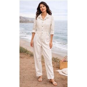 Mango MNG Denim Utility Boiler Suit Jumpsuit Off White Ecru Cotton Womens Size M